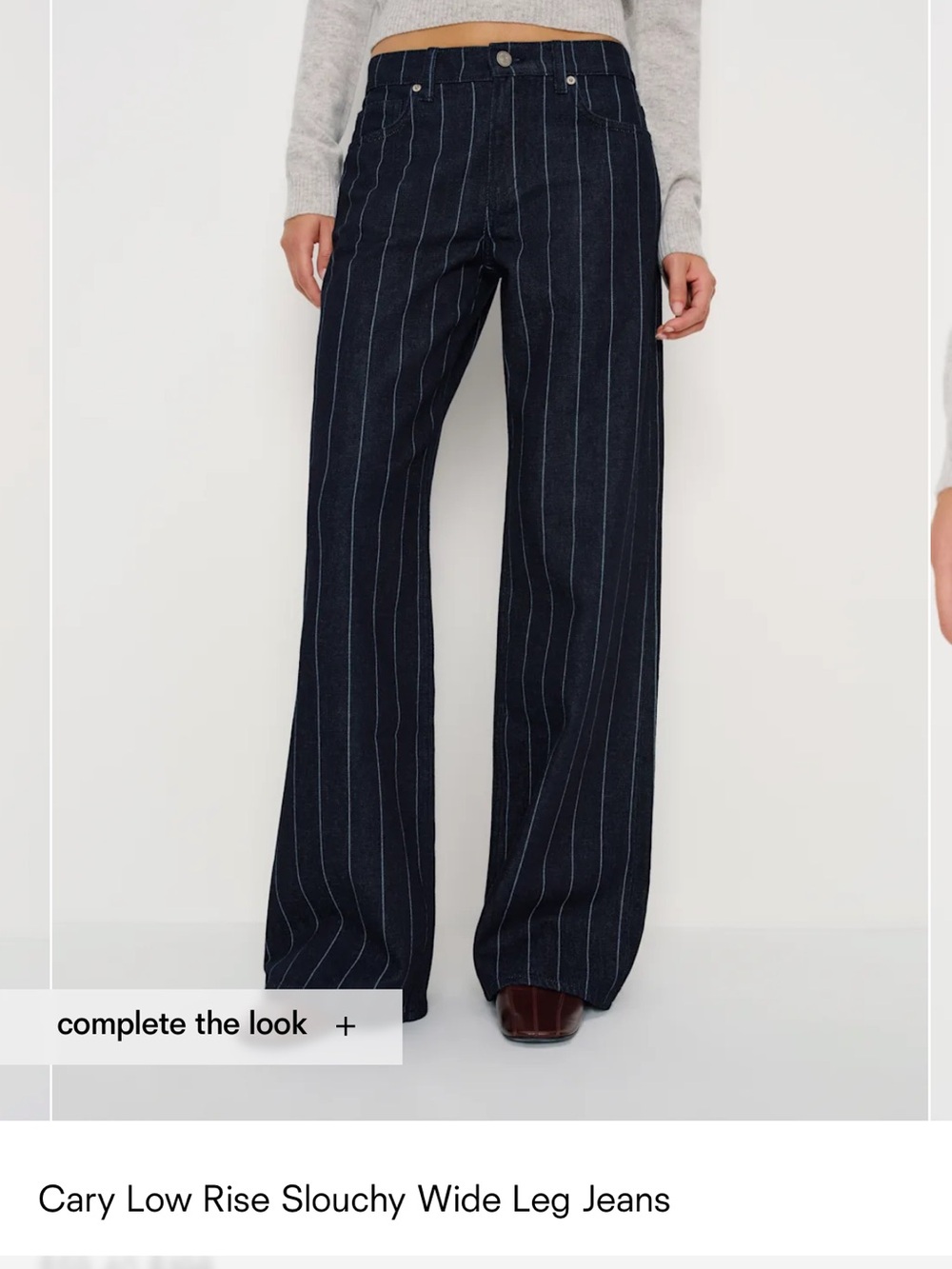 Reformation Navy Pinstripe Cary Low Rise
Slouchy Wide Leg Jeans